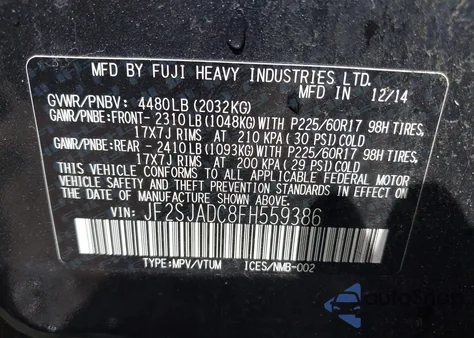 2015 Subaru Forester 2.5I Premium из США, поврежденный, VIN JF2SJADC8FH559386